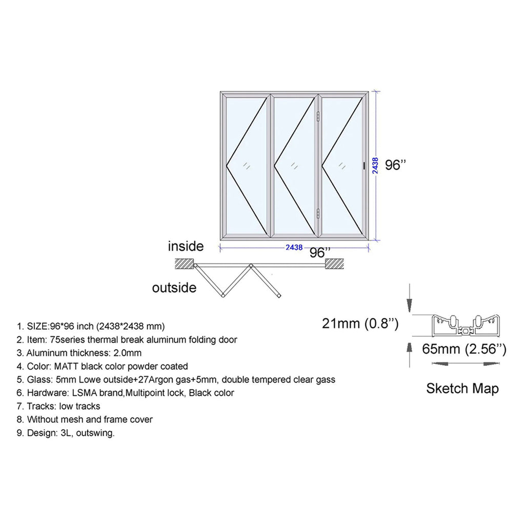 96x96 Aluminum Bifold Door – Tall & Wide Folding Door | 3L, 3R