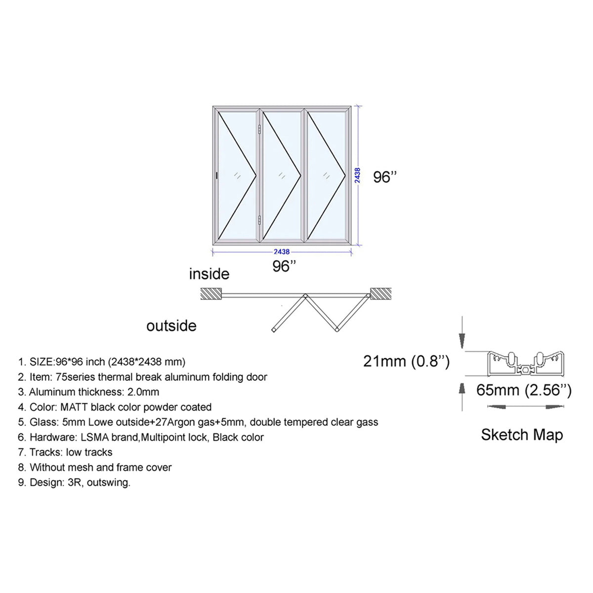 96x96 Aluminum Bifold Door – Tall & Wide Folding Door | 3L, 3R