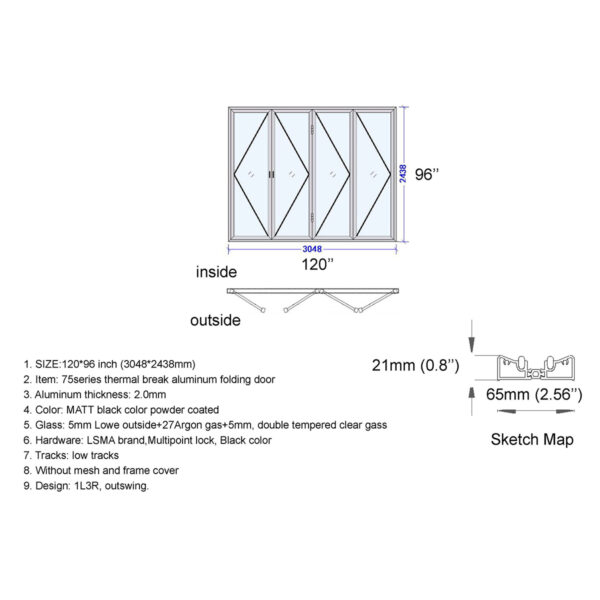 Aluminum Bifold Door 120″Wx96″H - Image 5