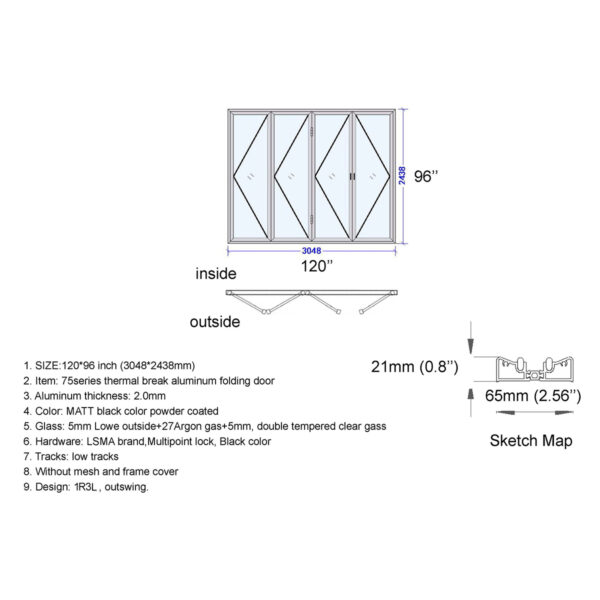 Aluminum Bifold Door 120″Wx96″H - Image 4