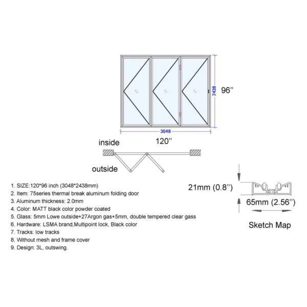 Aluminum Bifold Door 120″Wx96″H - Image 3