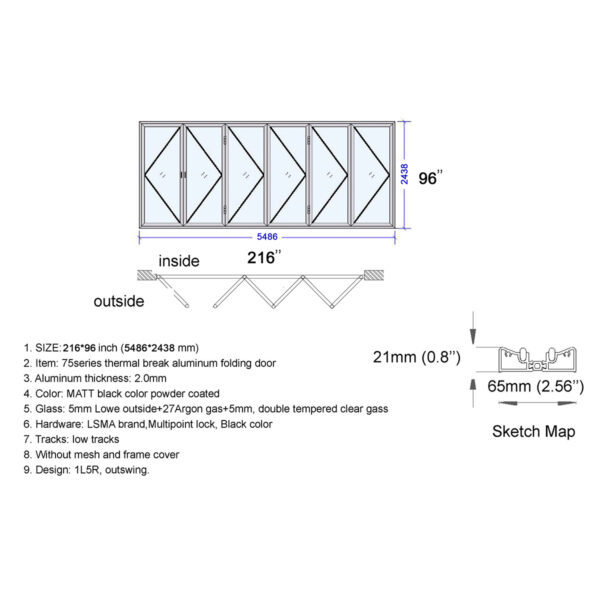 Aluminum Bifold Door 216″Wx96″H - Image 6