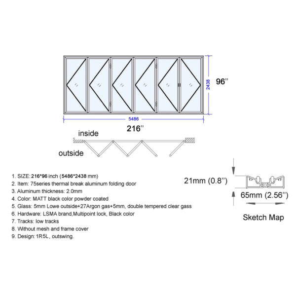 Aluminum Bifold Door 216″Wx96″H - Image 5