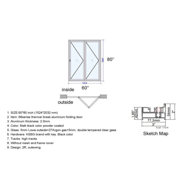 Aluminum Bifold Door 60″Wx80″H - Image 2