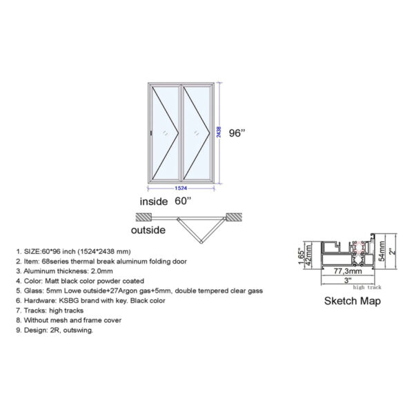 Aluminum Bifold Door 60″Wx96″H - Image 2