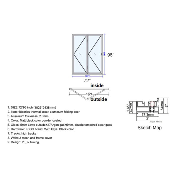 Aluminum Bifold Door 72″Wx96″H - Image 3