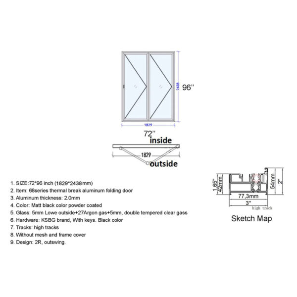 Aluminum Bifold Door 72″Wx96″H - Image 2