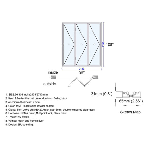 Aluminum Bifold Door 96″Wx108″H - Image 2