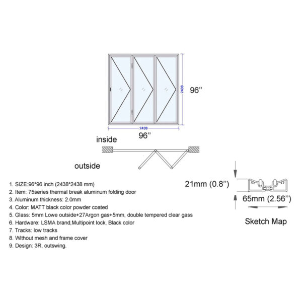 Aluminum Bifold Door 96″Wx96″H - Image 2